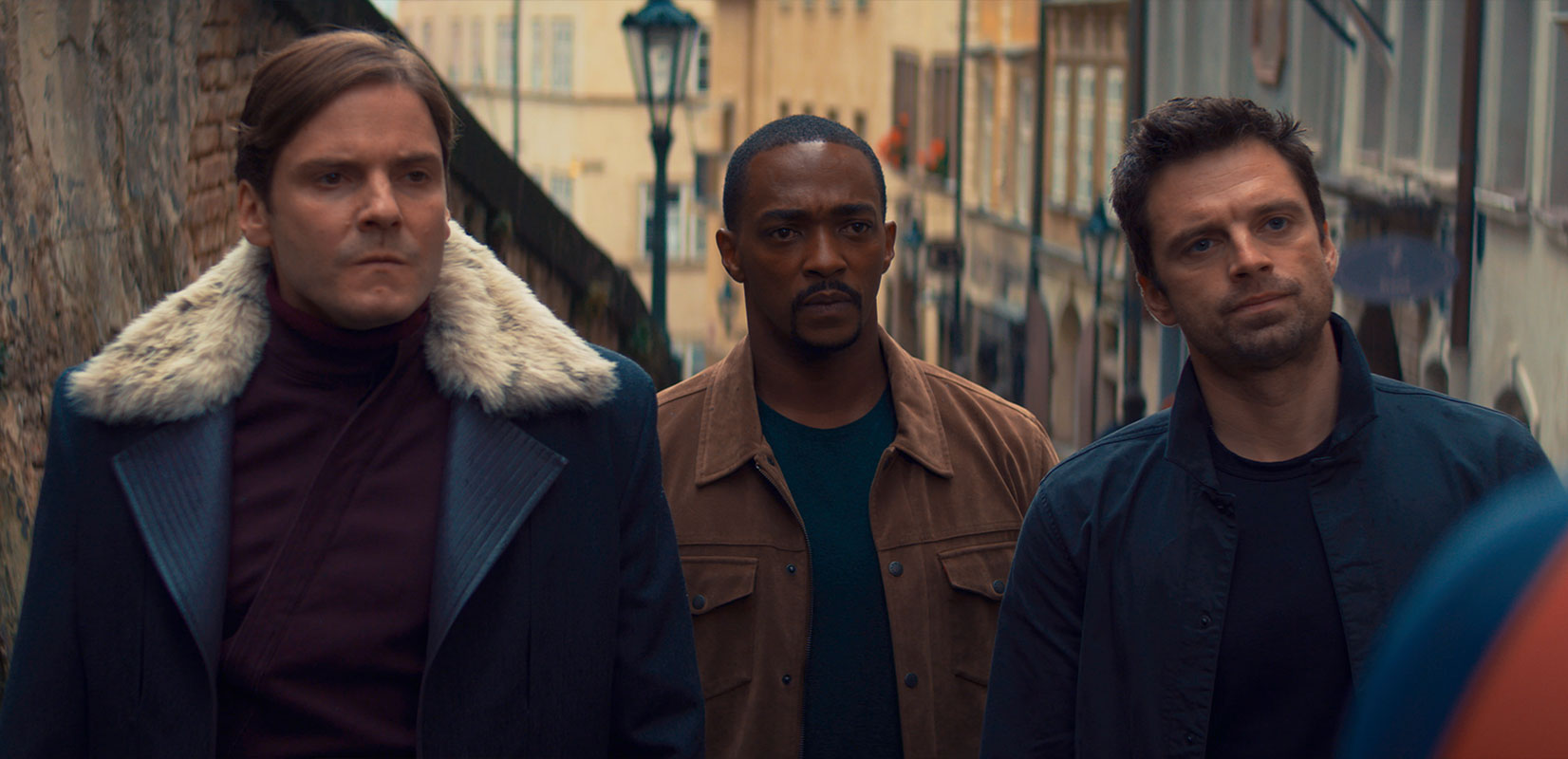 Daniel Brühl as Baron Zemo, Anthony Mackie as Sam Wilson, and Sebastian Stan as Bucky Barnes in Marvel Studios' The Falcon and the Winter Soldier