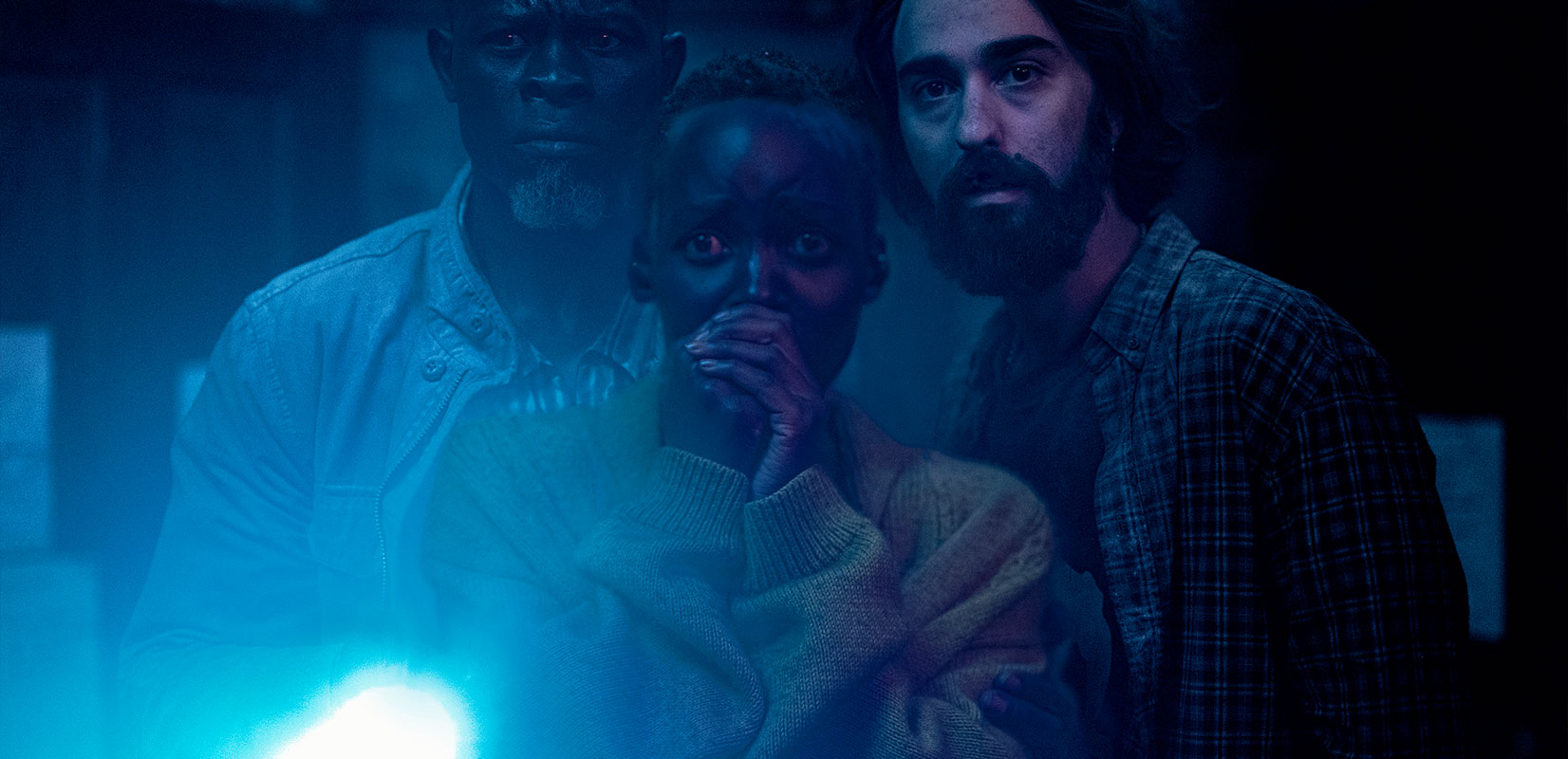 Djimon Hounsou as “Henri”, Lupita Nyong’o as “Samira” and Alex Wolff as “Reuben” in A Quiet Place: Day One