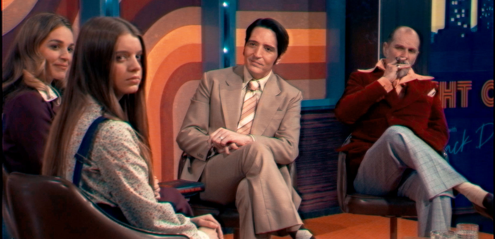 Laura Gordon, Ingrid Torelli, David Dasmalchian, and Ian Bliss in Late Night with the Devil