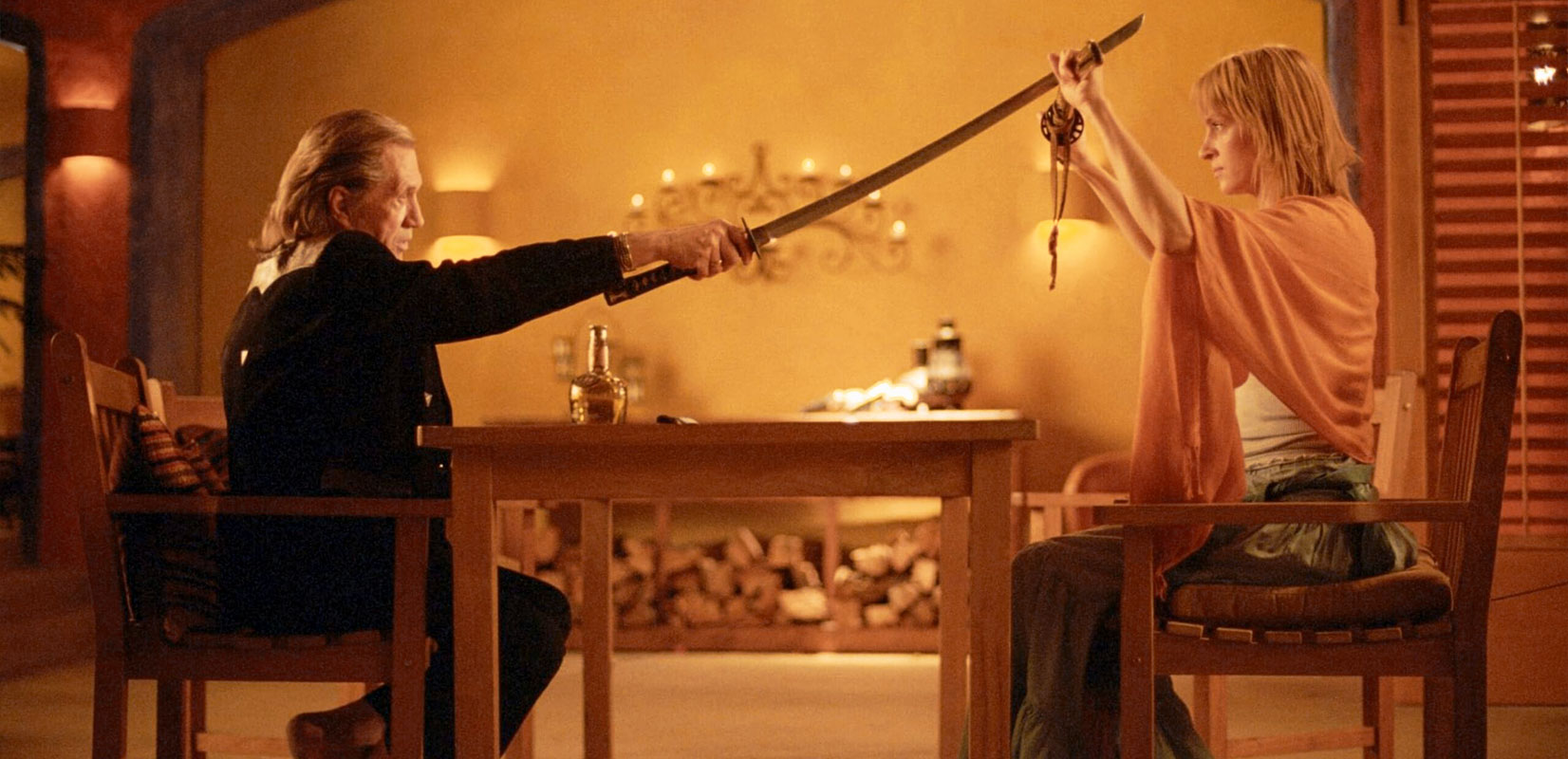 David Carradine and Uma Thurman in Kill Bill: Volume 2