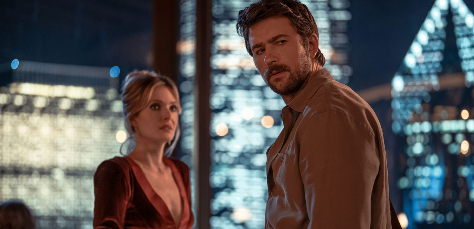 Meghann Fahy and Brandon Sklenar in Drop