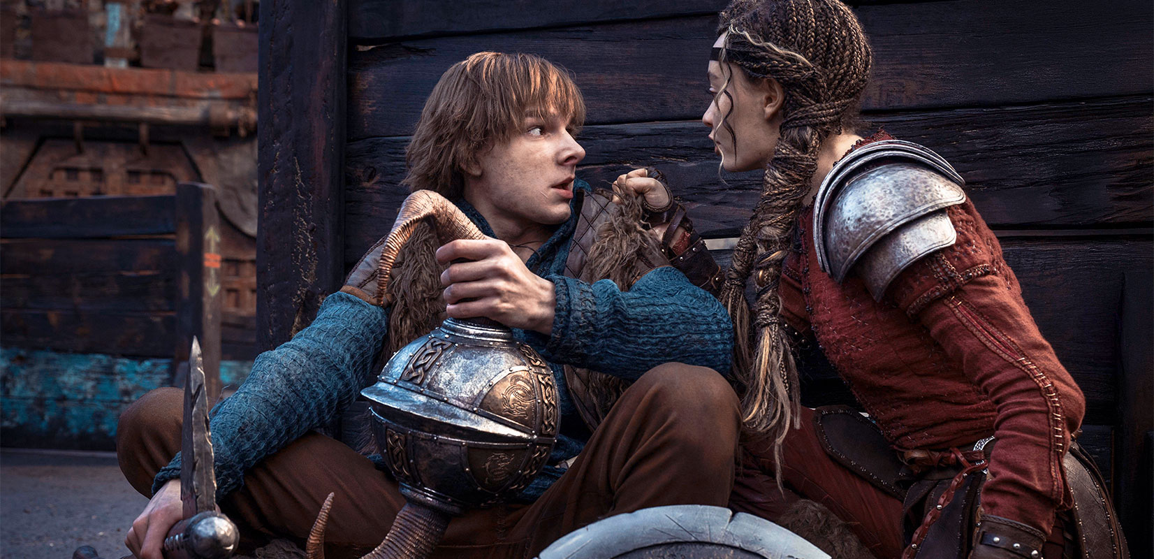 Mason Thames as Hiccup and Nico Parker as Astrid in How to Train Your Dragon